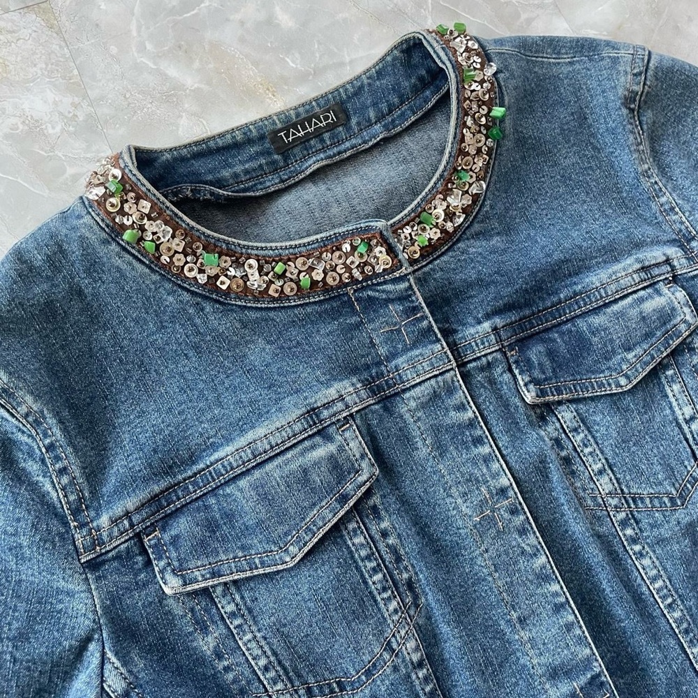 Tahari Embellished Bead Sequin Neckline Denim Jacket